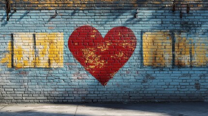 Fototapeta premium Red heart street graffiti on textured brick wall. Urban love symbol