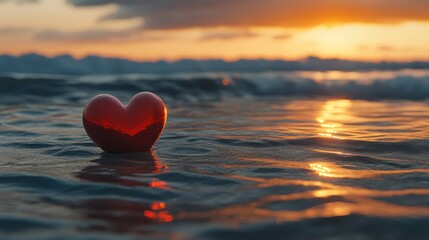 Fototapeta premium Red heart resting in shallow ocean waves at sunset. Romantic coastal scene