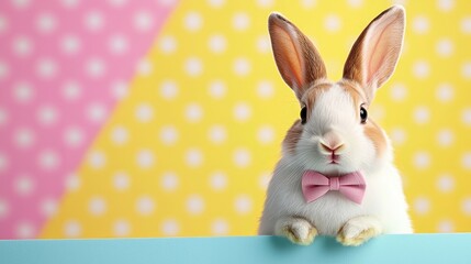 Playful rabbit with bowtie colorful background animal portrait studio setting close-up whimsical vibe