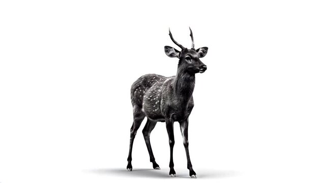 Majestic Spotted Deer in Monochrome A Striking Portrait of a Male Axis Deer Against a Pure White Background