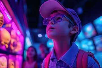 Obraz premium Kids engaging in an exciting nighttime adventure at an interactive exhibit