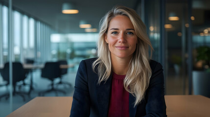Fototapeta premium Confident businesswoman portrait, modern office background, professional headshot, website use
