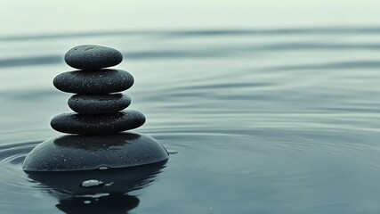 Serenity achieved through balanced stones on tranquil water in a calm environment