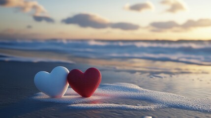 Fototapeta premium A red and white heart together in ocean shore foam, symbolizing love and unity