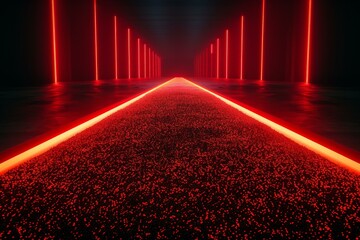 Glowing red neon lights illuminating a dark futuristic corridor with perspective and vanishing point