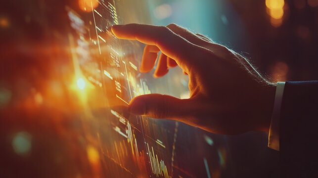 Business meeting, man's hands pointing on charts. Reflection light and flare. Concept image of data gathering and statistical working.