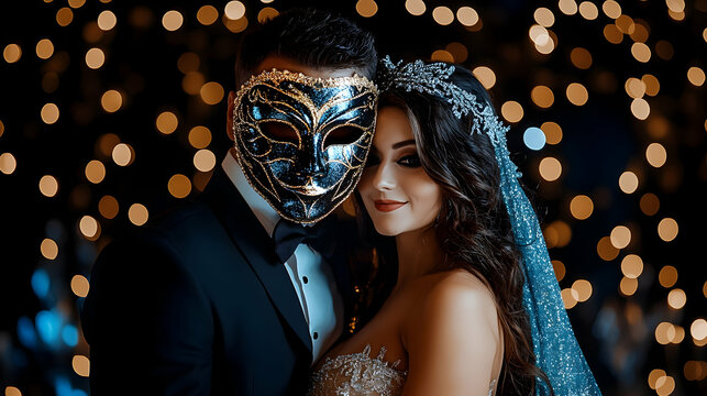 Couple in masquerade ball gowns, romantic pose, bokeh lights background, perfect for event invitations