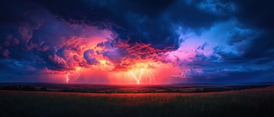 Fototapeta premium Dramatic lightning storm over open field nature twilight view