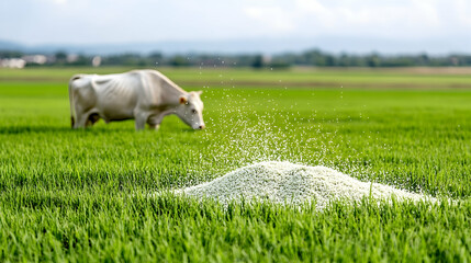 Fototapeta premium Cow grazing, rice paddy fertilizer application, rural landscape, agricultural scene