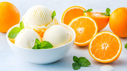 Creamy orange ice cream scoops in bowl with fresh oranges, mint leaves. Food photography for recipe blogs