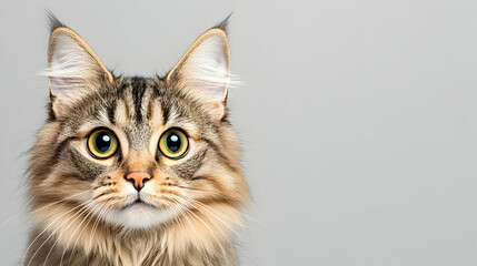 Obraz premium Curious cat portrait, grey background, pet animal, website banner