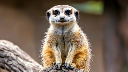 Fototapeta premium Curious meerkat sitting on a log, zoo background, wildlife photography for websites