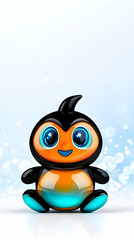 Fototapeta premium Cute cartoon penguin character, sitting, winter background, children's book illustration