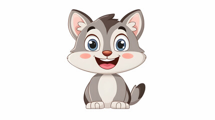 Obraz premium Cute cartoon wolf pup sitting, white background, children's book illustration