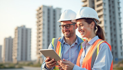 engineers, a man and a woman, look at a tablet against the background of buildings under construction