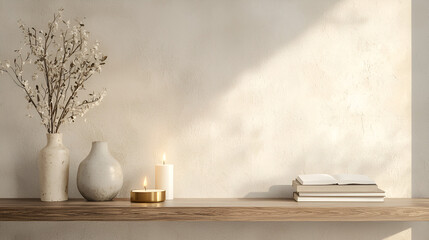 Serene minimalist shelf styling with dried floral arrangement, candles, and books, bathed in soft sunlight against a textured wall.