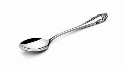 Elegant silver spoon, ornate handle, isolated on white, for tableware or culinary websites