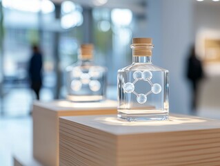 Elegant glass bottles with wooden corks are showcased on wooden pedestals, illuminated in a modern space, highlighting their sleek design.