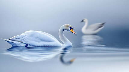 Obraz premium Elegant swans swim calmly on a misty lake, reflecting serenity. Peaceful nature scene ideal for tranquility themes