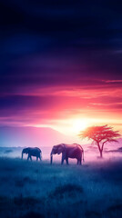 Fototapeta premium Elephants at sunset in African savanna, misty grassland; nature, wildlife, travel, poster