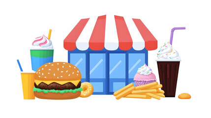 Fast food kiosk with burger, fries, soda, and cupcake.  Perfect for restaurant menus or advertising