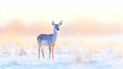 Fawn in snowy field at sunrise, winter landscape, wildlife photography, nature stock image