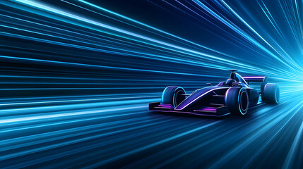 Fototapeta premium Fast Formula 1 race car speeding through a light trail tunnel. Use Website banner or sports poster
