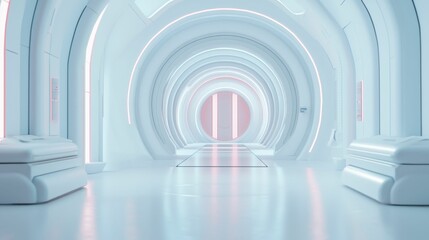 Obraz premium A futuristic, white corridor with smooth curves and soft lighting, creating a serene and otherworldly atmosphere.