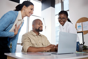 Happy, business people or laptop in meeting for project funding approval, teamwork or support....