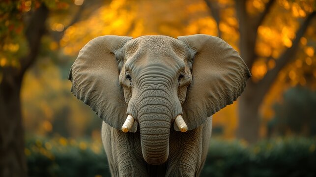Elephant portrait, autumn forest background, wildlife photography, nature conservation