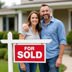 Happy Couple with Sold Sign in Front of Suburban Home with White Picket Fence, Proud Homeowners in Casual Attire on Sunny Day Celebrating Milestone Moment