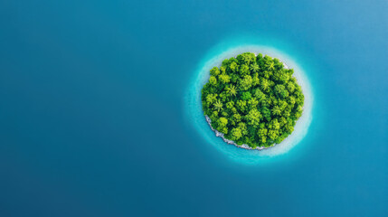 Aerial view of a vibrant green island surrounded by sea water and white sandy beaches