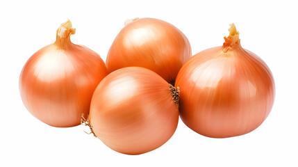 Four ripe yellow onions, close-up, isolated on white background, perfect for food blogs and recipes