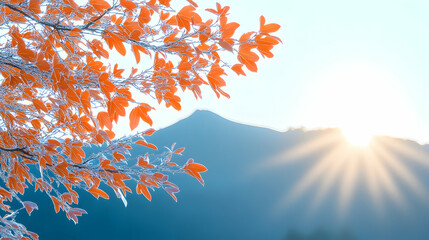 Frosty orange leaves, sunrise mountain backdrop, winter landscape, nature calendar