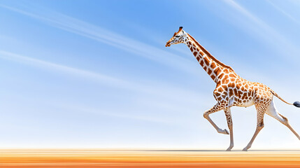 Giraffe running across African savanna under a vibrant blue sky; perfect for travel brochures or wildlife documentaries
