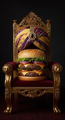 Burger with a crown on a royal chair