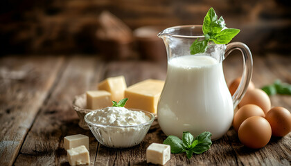 Dairy products on white wooden table