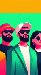 A vibrant, colorful illustration of three stylish individuals wearing sunglasses and trendy outfits against a bright background.