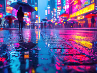 A bustling city street after rain, neon lights reflecting in puddles