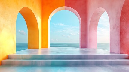 Colorful arches frame a serene ocean view