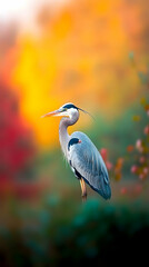 Obraz premium Great Blue Heron at sunset, vibrant autumn foliage background. Nature wildlife photography for websites, blogs, and publications
