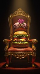 Burger with a crown on a royal chair