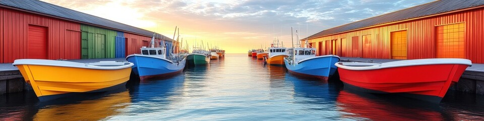 Vibrant Colorful Boats in Serene Harbor at Sunrise with Reflective Waters Lined by Multicolored Waterfront Buildings under a picturesque sky