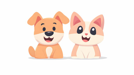 Fototapeta premium Happy puppy and kitten friends sitting together, white background, perfect for children's book illustration