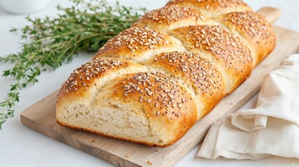 Naklejka premium Freshly baked braided bread topped with seeds sits on a wooden cutting board next to fresh thyme in a bright kitchen setting.