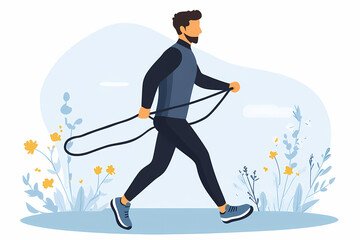 A person engages in Nordic walking with a skipping rope, showcasing physical fitness and active lifestyle in a scenic outdoor setting.