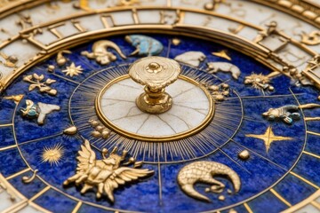 Obraz premium Astronomical clock detail, zodiac signs, intricate mechanism, close-up, museum display, historical artifact.
