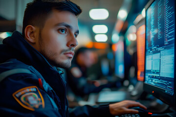 Security officer works on computer in police monitoring center with CCTV cameras generative AI