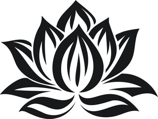 Black lotus flower silhouette with intricate petal details isolated on transparent background. Black and white, monochrome vector design.