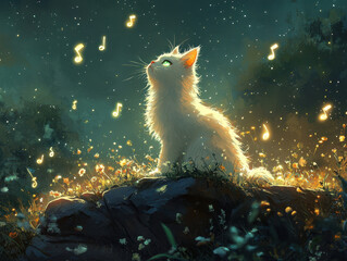 A magical fantasy scene featuring a white cat with glowing eyes playing 